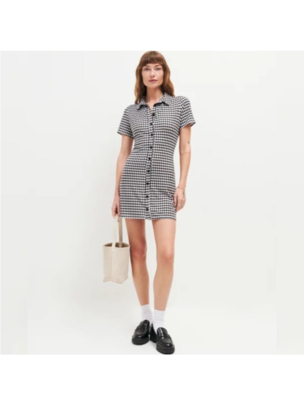 Reformation Avely Knit Dress XS Black Gingham Button Front Mini